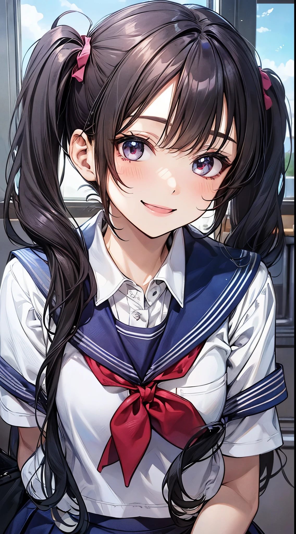 high quality, masterpiece, 1 girl, solo, cute face, black hair, high school girl uniform, short pleated skirt, 