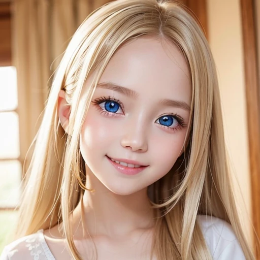 shiny skin、 Very cute and beautiful face、Very shiny and beautiful skin、very beautiful and cute pale blue eyes、beautiful very long shiny silky blonde hair、(10 years old)、one small very beautiful cute girl、Beautiful cute bright look、Clear double eyelids、((Very happy smile))、Cute clothes with beautiful details