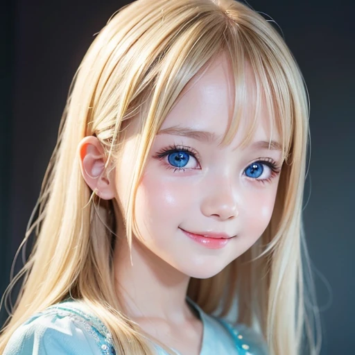 shiny skin、 Very cute and beautiful face、Very shiny and beautiful skin、very beautiful and cute pale blue eyes、beautiful very long shiny silky blonde hair、（）、one small very beautiful cute girl、Beautiful cute bright look、Clear double eyelids、((Very happy smile))、Cute clothes with beautiful details