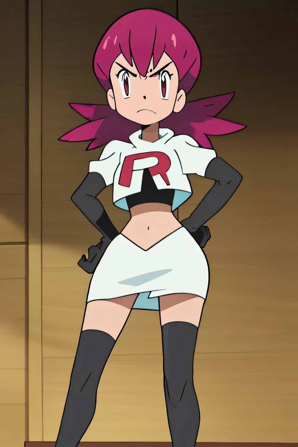 team rocket uniform, red letter r, white skirt,white crop top,black thigh-high boots, black elbow gloves, glaring angrily, looking at viewer, hands on hips, full body seen
