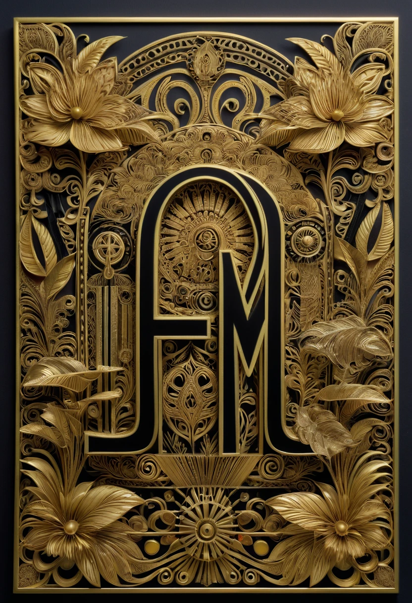 Txt that says, "carma", Balinese art deco, year 1985, zentagle, cinematic, gold & black
