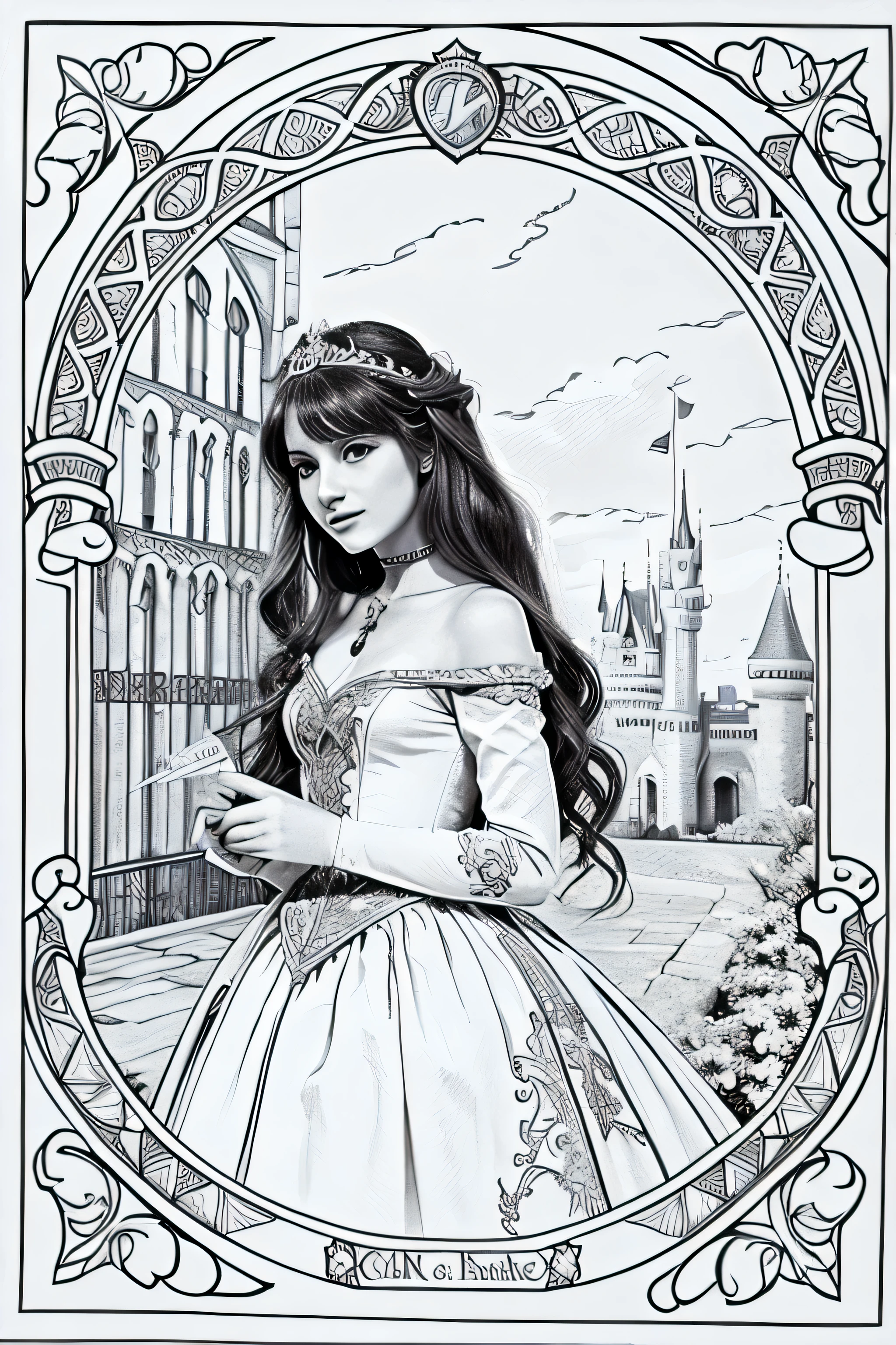 fairy tale princess, castle, line art, coloring page