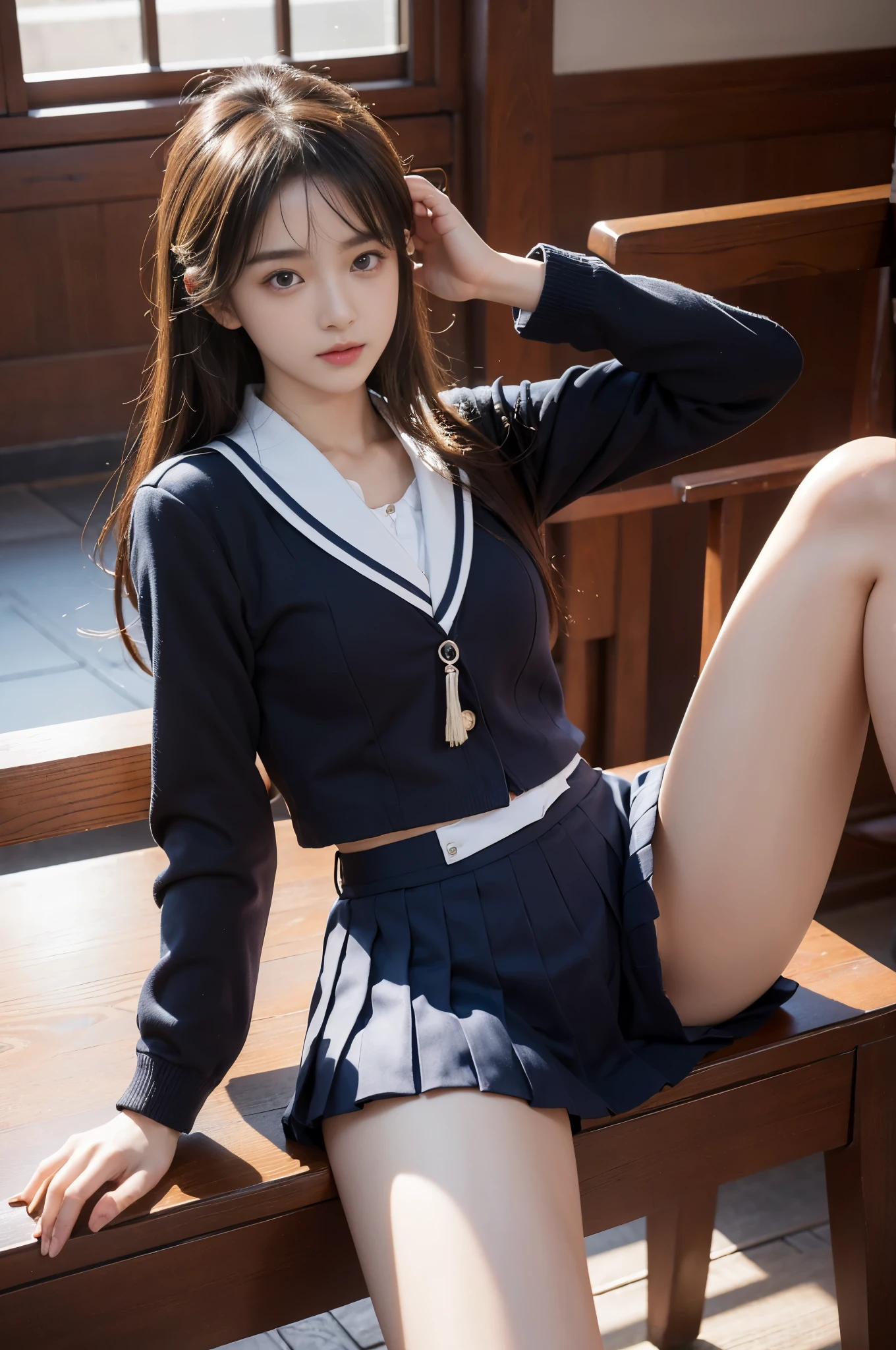 (original photo:1.2, Realism:1.4), Beautiful and delicate girl, Highly detailed dark eyes, a japanese lady, ridiculous, incredibly ridiculous,18 years old ,fashionable , (high resolution, Very detailed, best quality, on the table), healthy body, ((Japanese girls high school uniform)),spring , bruises,(perfect anatomy,Beautiful limbs), stairs at school、Quiet,Idol , Astonishing, (C cup:1.4, on the table, best quality,Gravure photography , )、There is light on the face, Cinema lighting, 1 girl in,Professional photography, ((artistic)), ((dynamic poses))), (perfect original legs、shiny thighs),