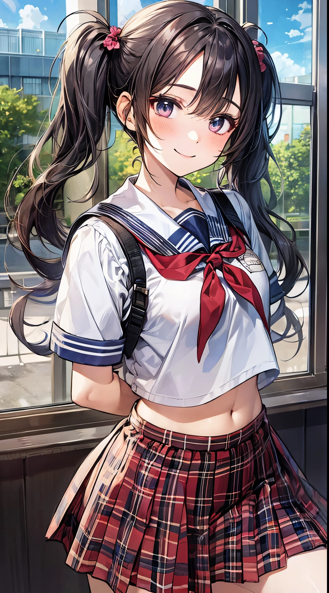 1 girl, japanese, 14 years old, white skin, medium chest, watching the view, (smile:1.5),
beautiful detailed eyes, (long hair:1.4, twintails:1.7), (navel:1.1)
(cute school uniforms:1.5),
day time, schools, (homeroom:1.5),
(8k, maximum quality, masterpiece),