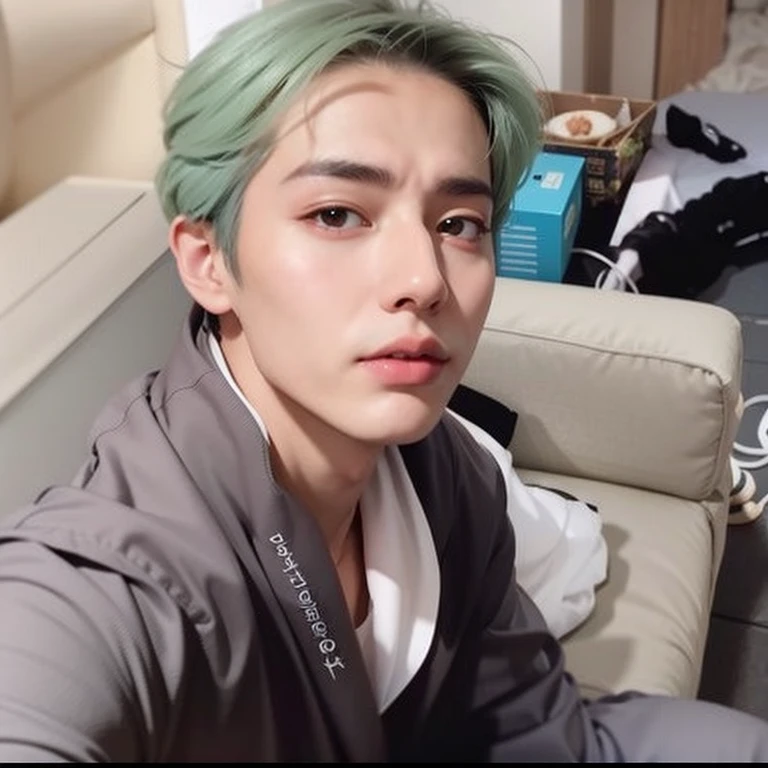Arafed man with green hair sitting on a sofa with a remote control, kim doyoung, taehyung comiendo papas fritas gucci, cai xukun, yanjun chengt, el tiene pelos gris oscuro, Jinyoung Shin, xqc, taken in the early 2020s, hyung tae, pale korean adorable face, con ropa verde azulado, inspirado en jeonseok lee
