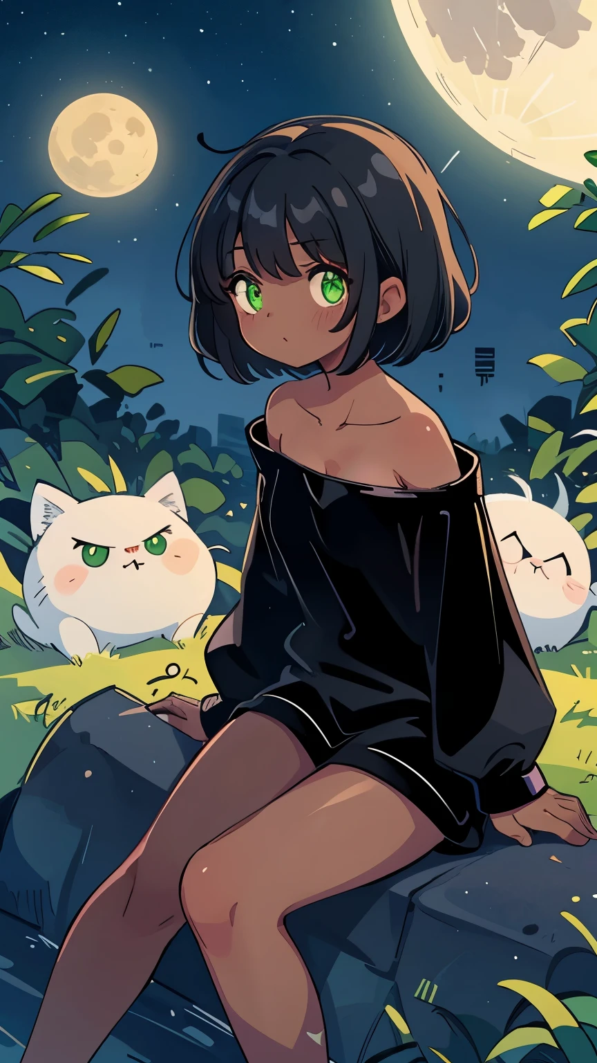 Cute, , (()), Small breasts, big thighs, bare shoulder, ((Black skin)), Black skin, green eyes, black hair, short hair, Cold weather blouse, green cold weather , bare legs, glowing eyes, 4k, starry sky, night, Moon, Incredible eyes, Sitting,