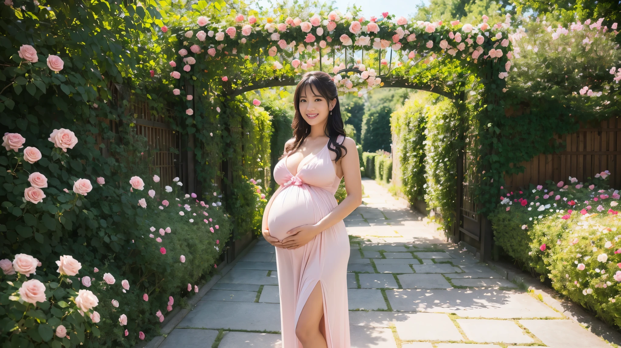 ((1名pregnant妇,pregnant,pregnant women in Japan,pregnant women,怀pregnant,日本pregnant妇,pregnant,The belly is huge)),(Smile here,View here,looking at camera),Facial details are more delicate,lifelike face,smile slightly,easy chair,坐在easy chair上,Orange trim long dress,sunny,depth of field,emphasize,real light,Ray tracing,Overclocked renderer,UE5 renderer,surreal,best quality,8k,masterpiece,Super fine,correct anatomy,high quality、The best images、nice images,garden、(Many roses,full roses,labo tunnel,rose arches,Flower arch,Lots of roses,Surrounded by flowers,soggy flowers,Pink and White Rose,Many roses,pink rose,White Rose,Surrounded by flowers), huge breasts,pregnant