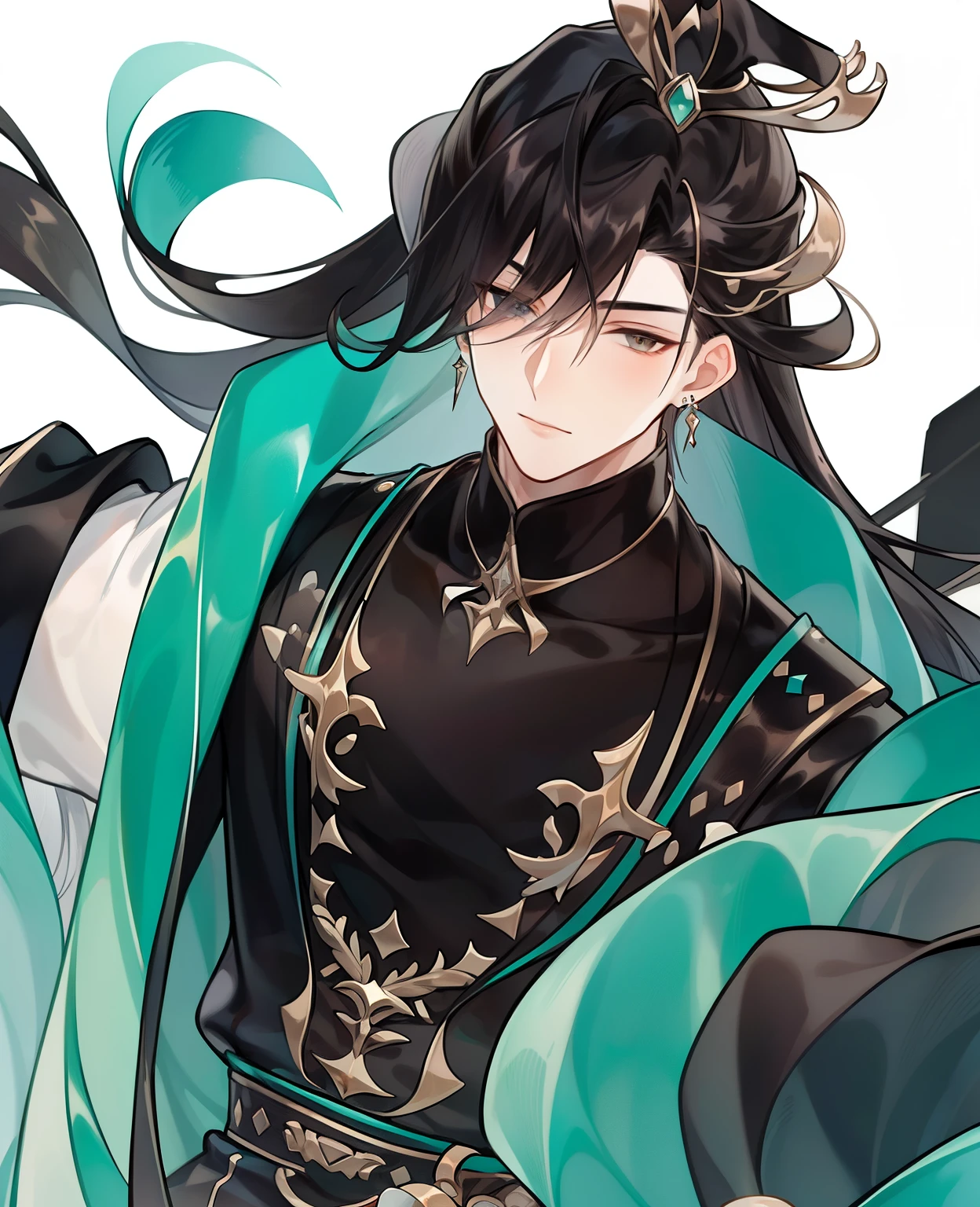 1boy, male focus, black hair, gloves, long hair, jewelry, solo, earrings, white background, fingerless gloves, black gloves, looking at viewer, long sleeves