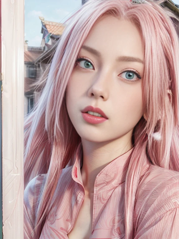 young woman, white skin, long bubblegum pink hair, wide forehead, pink eyebrows, big emerald green eyes, upturned nose, thick red lips, heart shaped face, red clothes, high detail, sharp focus, Sakura Haruno, realistic, realism , 3d