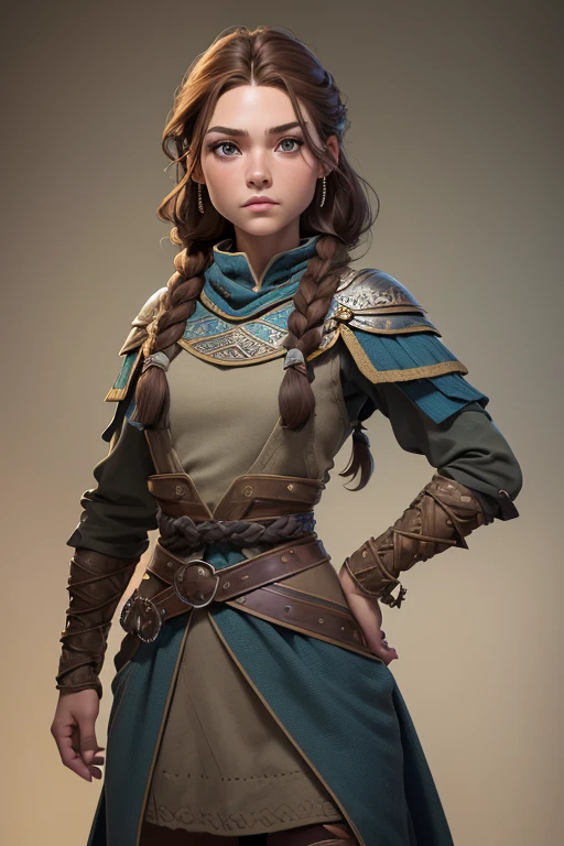 (Obra maestra, La mejor calidad) (young warrior woman of nordic descent), (ojos verdes), (Muscular), (falda de piel), (brown hair color),(loose hair with small braids on the scalp), (top con correa de cuero) plumas, capa sobre el hombro, bufas, (azul, gray and brown suit).