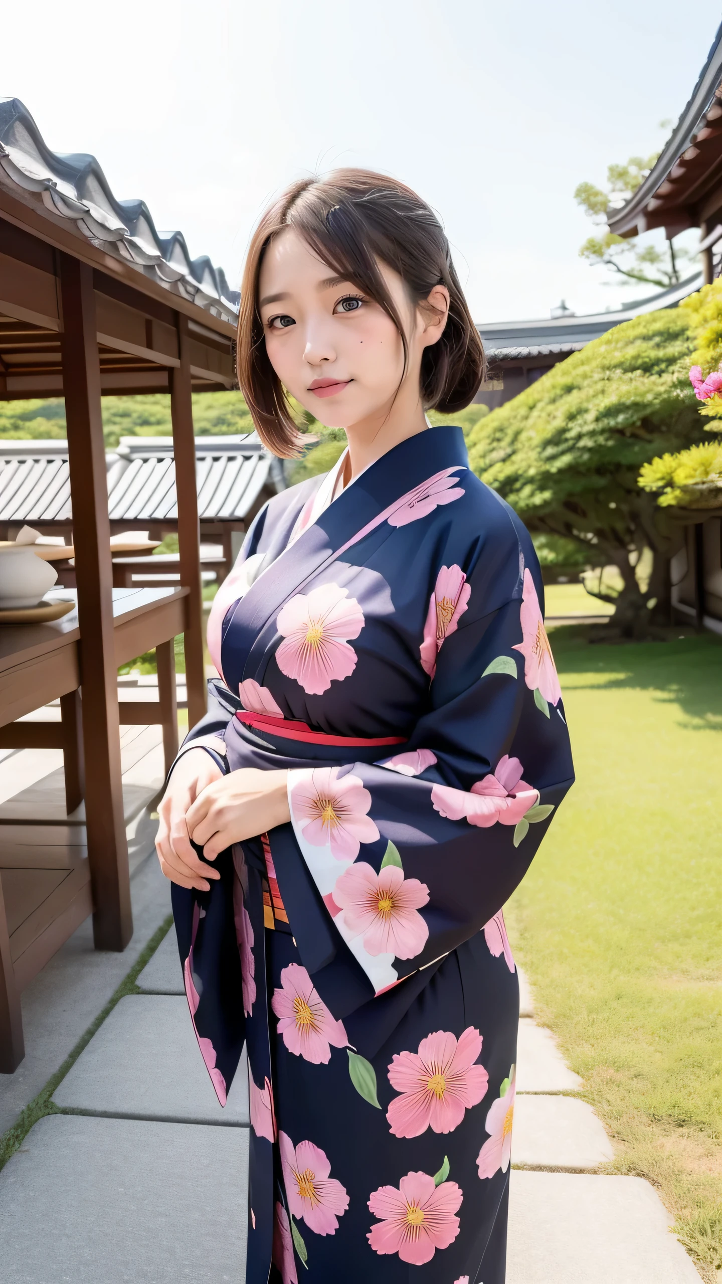 In the heart of Japan during the sun-kissed summer days, there lies a scene of enchantment and delight. A vibrant scene unfolds before us, where rows of outdoor stalls, adorned with an array of colorful wares, stretch as far as the eye can see. Amidst this floral pattern of activity, a young girl stands out, dressed in a beautifully designed yukata.
Her yukata, with expertly painted flowers and intricate patterns that represent the essence of Japanese culture, billows gently in the breeze. Despite her ample chest, the yukata's fabric bulges out gracefully, creating an allure that adds to her beauty. Her defined