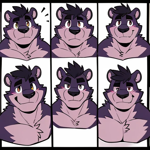by takemoto arashi, (character expressions sheet, character busts, front view, side view, rear view), (1boy), solo, male anthro, kemono, (lavender bear), short purple Mohawk, white bangs,  dark stripes around chest, one dark purple stripe on back, ((brown torso)), (((fat face, bigger head, short ears))), stocky, short stature, chubby, muscle, hunk, sexy, bara, handsome boy, ((big eyes, expressive eyes, simple eyes, hazel eyes)), (masterpiece, high res, best quality), 4k, soft skin, warm color