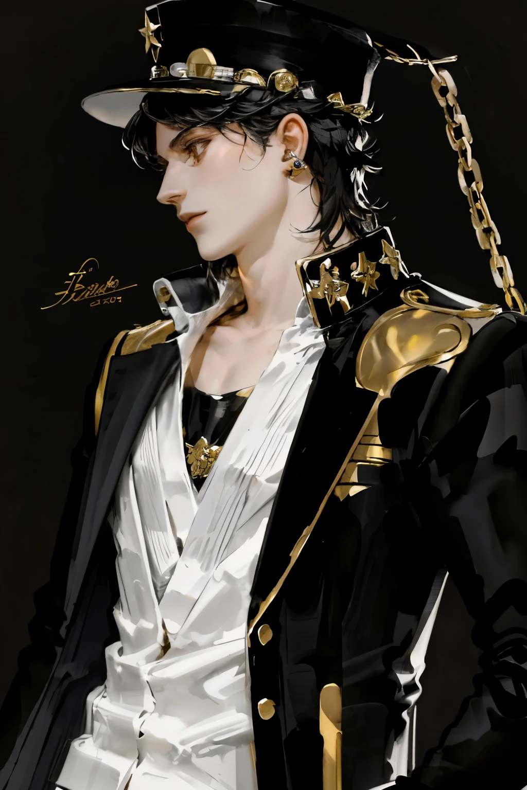 solo, black hair, 1boy, hat, jewelry, school uniform, upper body, male focus, earrings, artist name, profile, chain, gakuran, stud earrings