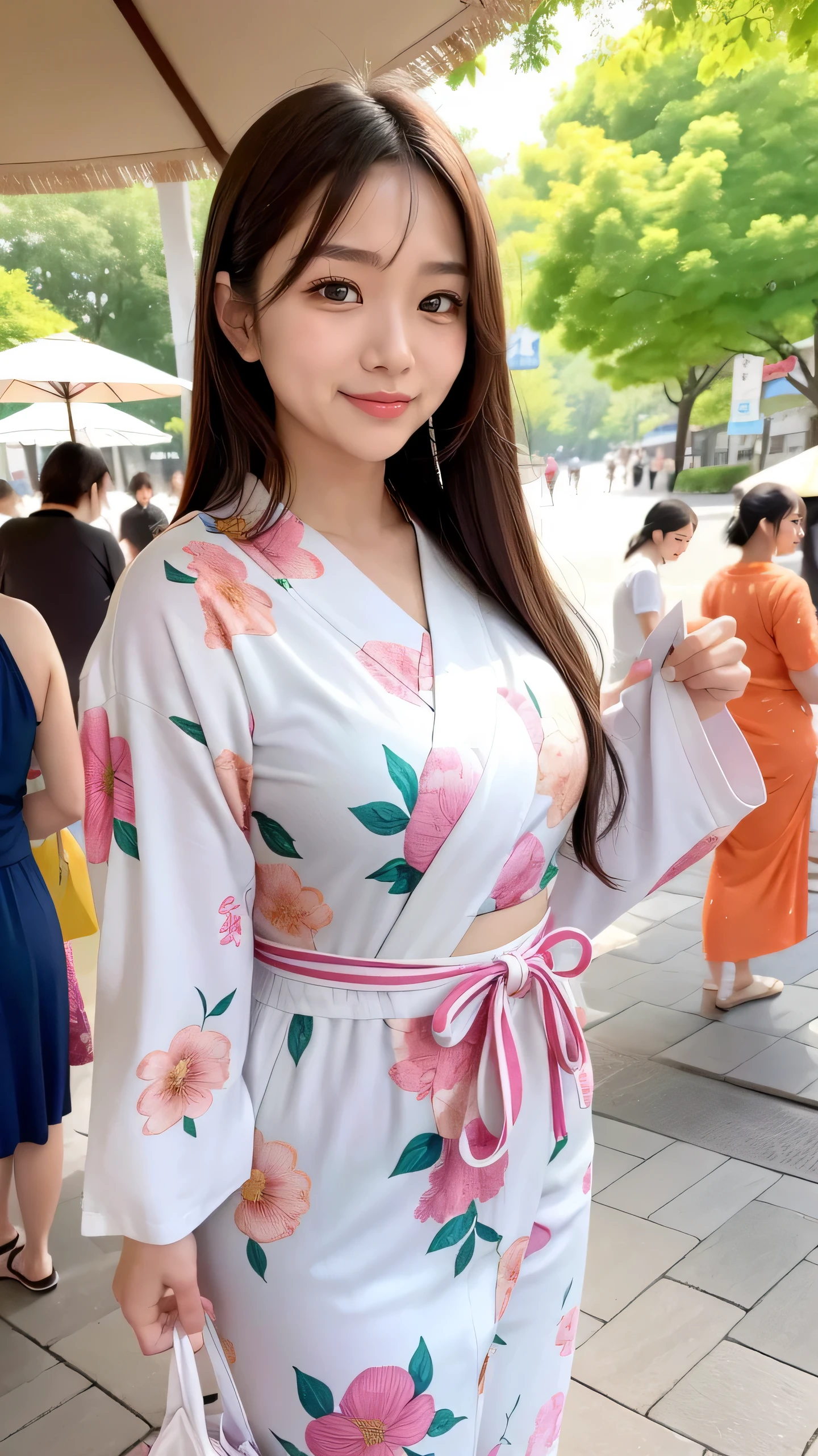 Summer in Japan, with rows of outdoor stalls lined up, resembling a floral pattern.Amidst them, a girl in a vibrant yukata catches the eye.Her yukata, with its rich colors and intricate designs, bulges out slightly, showcasing her full figure and ample chest.Defined waistline and slender legs accentuate her curves.She carries a small and cute drawstring bag over her shoulder, adding to her charm.Her beautiful, finely detailed eyes sparkle with joy, framed by thick lashes.A bright and gentle smile adorns her face, making her look attractive and charming.A full body shot captures her beauty, the sunlight filter