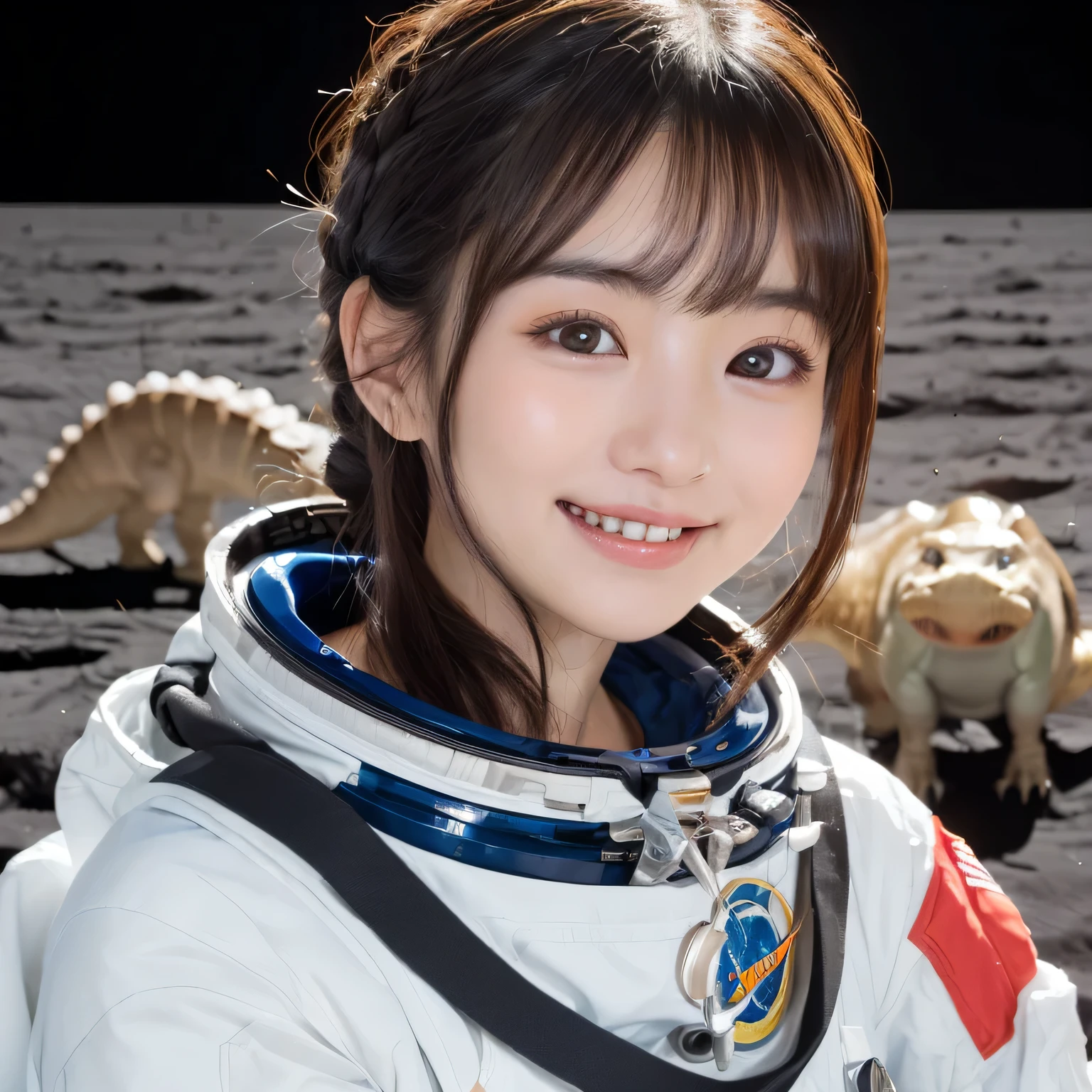 (japen Girl and dinosaurs on the moon:1.5) ,(landing on the moon:1.2),(dinosaurs:1.2),original photography,(ultimate beauty portrait、sparkling skin、Smile、bright expression、brown hair、Big eyes sparkling like gems、Harajuku、24 year old beautiful girl),space suit, ，Very detailed