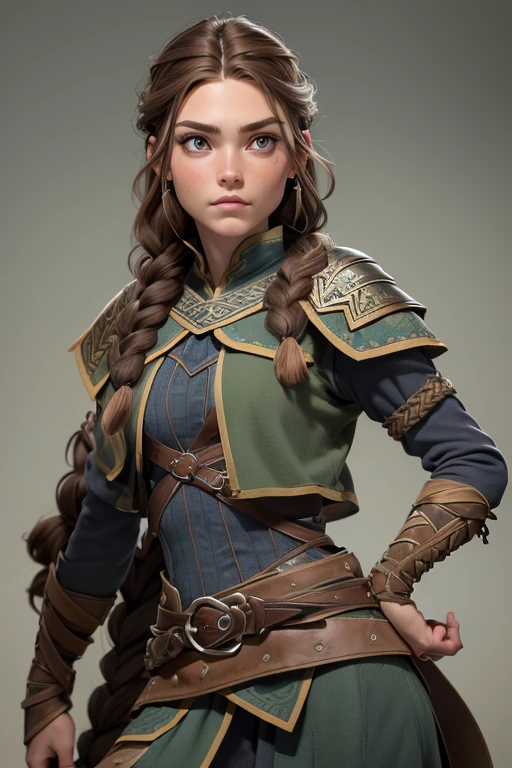 (Obra maestra, La mejor calidad) (young warrior woman of nordic descent), (ojos verdes), (Muscular), (falda de piel), (brown hair color),(loose hair with small braids on the scalp), (top con correa de cuero) plumas, capa sobre el hombro, bufas, (azul, gray and brown suit).