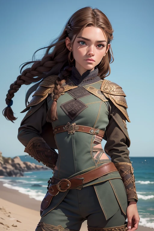 (Obra maestra, La mejor calidad) (young warrior woman of nordic descent), (ojos verdes), (Muscular), (falda de piel), (brown hair color),(loose hair with small braids on the scalp), (top con correa de cuero) plumas, capa sobre el hombro, bufas, (azul, gray and brown suit).