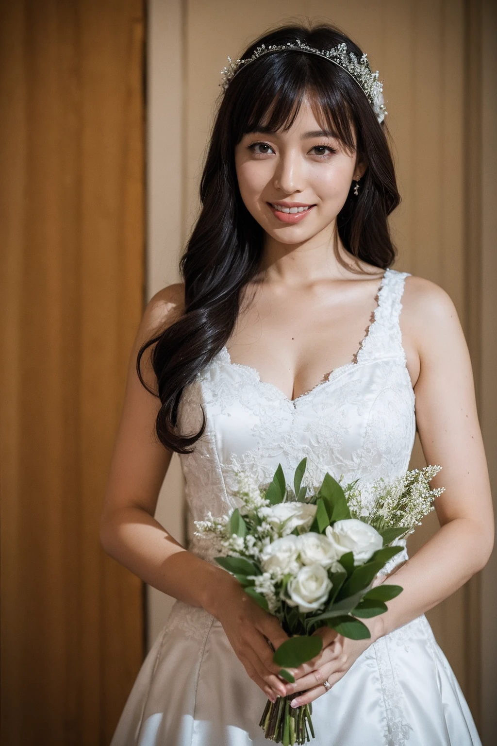 Medium view, medium shot, Depth of bounds written, bust, Upper body, cinematic angle, masterpiece, highest quality, Super detailed, cg, 8k wallpaper, beautiful face, delicate eyes, maiden, alone, smile, bangs, skirt, shirt, have, Crimson dress, bow, petal, bouquet