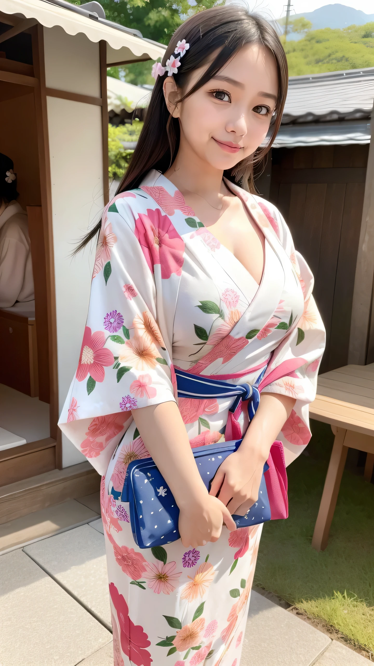 Photorealsitic、the perfect body、Ultra-high image quality、Ultra-high realistic image quality、japanes、(Off-shoulder short length floral print kimono:1.6)、(huge-breasted:1.7)、(cleavage of the breast:1.5)、Waist slender、(blondehair:1.3)、(blurry backround)、(grin)、(Gal-style thick shadow eyeliner:1.4)、(Long false eyelashes:1.2)、(Gal Style Makeup:1.2)、Gal style earrings、Gal style bracelet、(Gal Style Cross Charm Necklace、Triple Necklace:1.3)、in poolside、(Thigh up:1.3)、(sexy pose:1.3)