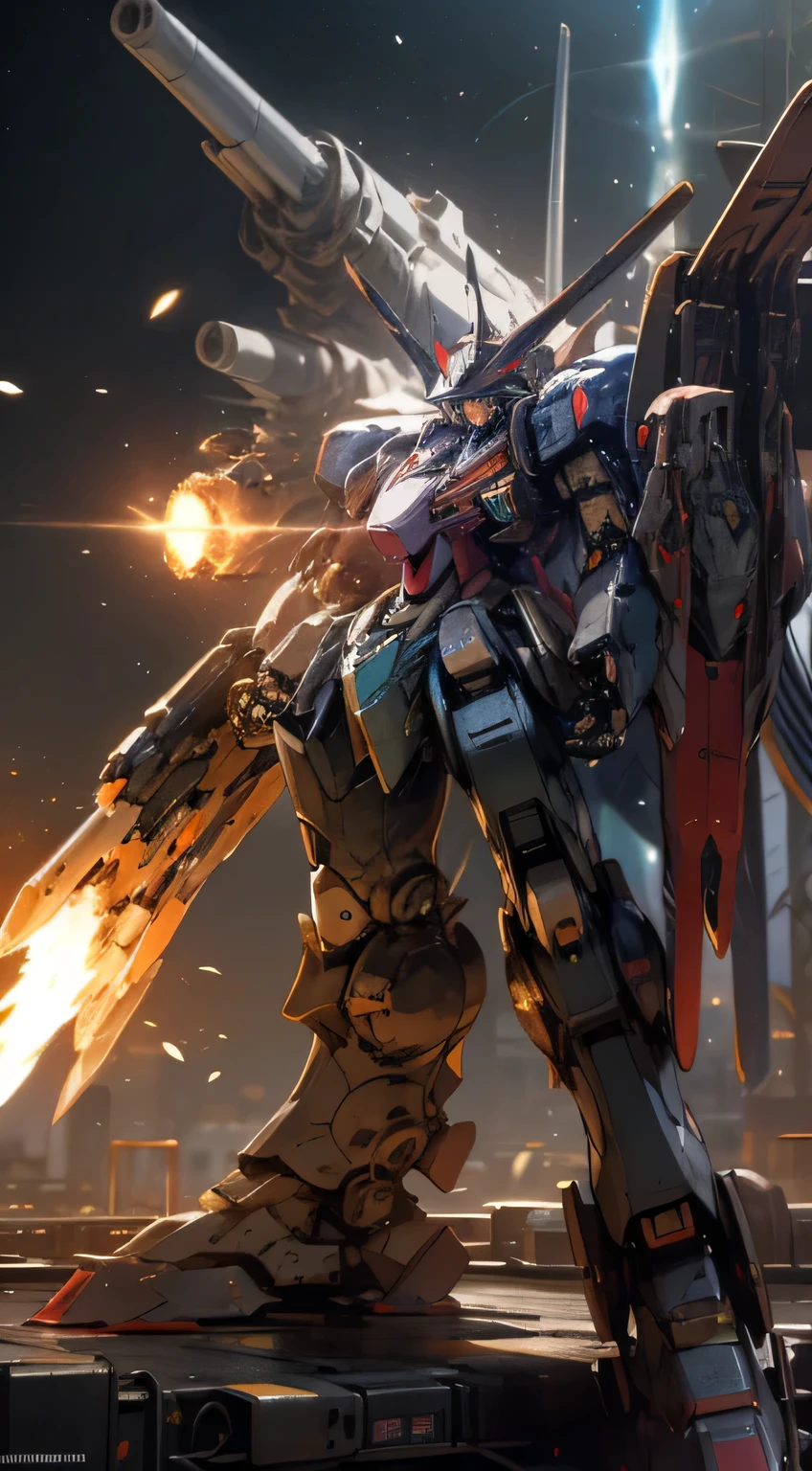 surrealism, ray tracing, realistic, UHD, high detail, 32K, highest quality, rough skin, Gundam Mecha, Flight, funnel, Mecha Ship, masterpiece, highest quality, Mecha, unmanned, (whole body), (Black Mecha: 1.8), (Axisymmetric: 1.4), (HDR), (movie light: 1.1), White eyes, nice, SF, fire, universe, Oversized shield, 地球の背景を見下ろすMechaマン, with laser cannon beam, war, match, weapon in hand (Has a huge arsenal: 1.5),