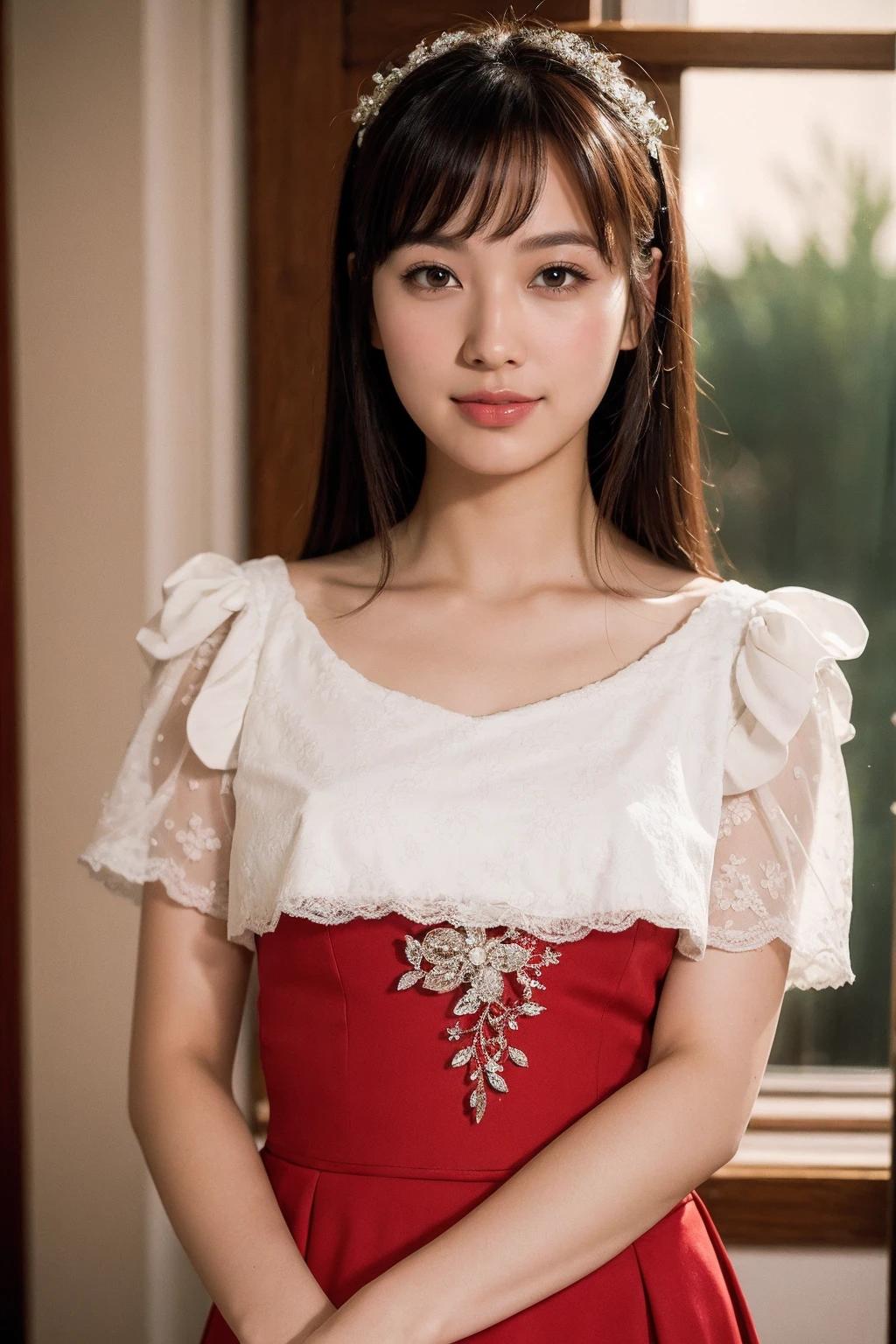 Medium view, medium shot, Depth of bounds written, bust, Upper body, cinematic angle, masterpiece, highest quality, Super detailed, cg, 8k wallpaper, beautiful face, delicate eyes, maiden, alone, smile, bangs, skirt, shirt, have, Crimson dress, bow, petal, bouquet