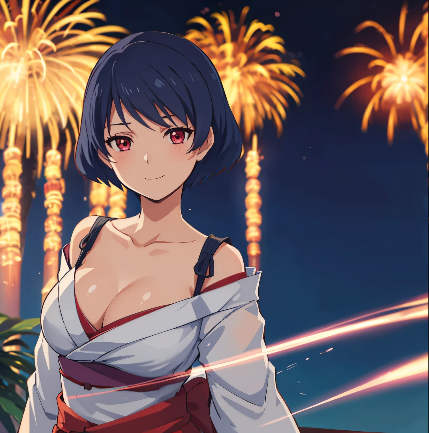 1girl, alone, Rui Tachibana, short hair, navy blue hair, red eyes, Japanese clothing, light blue kimono, cleavage, embarrassed, smiling, seductive, closed mouth, big breasts, medium waist, wide hips, medium thighs, bare legs, walking at Japanese festival, night, good lighting, fireworks exploding in the sky, good anatomy, good hands