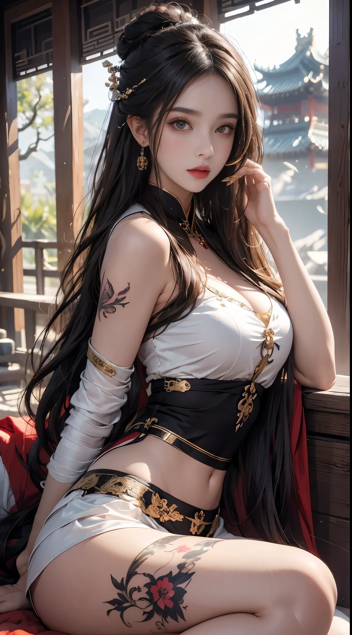 lifelike, high resolution, 1 female, Buttocks up, beautiful eyes, long hair, eye socket, jewelry, tattoo, hanfu, Chinese fairy, Taoist clothing