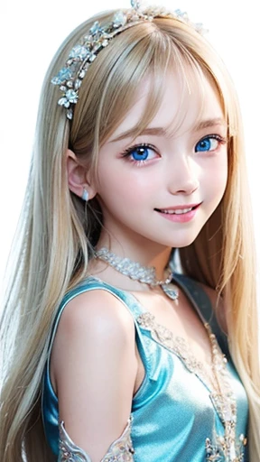 shiny skin、 Very cute and beautiful face、Very shiny and beautiful skin、very beautiful and cute pale blue eyes、beautiful very long shiny silky blonde hair、()、one small very beautiful cute girl、Beautiful cute bright look、Clear double eyelids、((Very happy smile))、Cute clothes with beautiful details