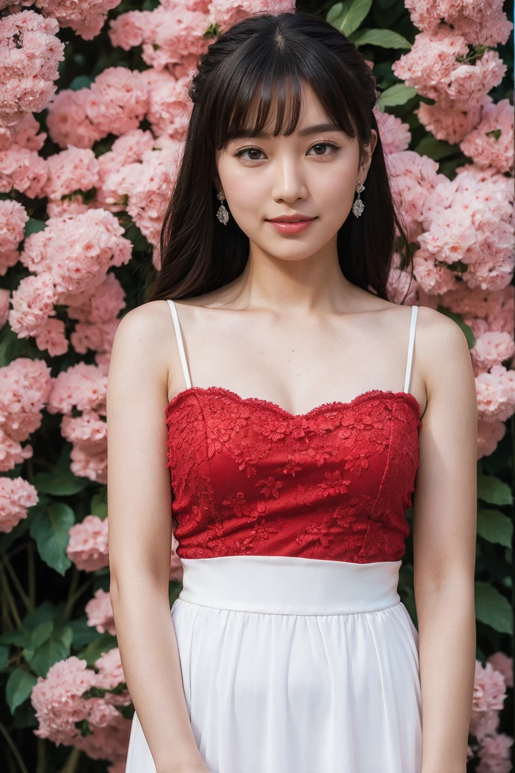 Medium view, medium shot, Depth of bounds written, bust, Upper body, cinematic angle, masterpiece, highest quality, Super detailed, cg, 8k wallpaper, beautiful face, delicate eyes, maiden, alone, smile, bangs, skirt, shirt, have, Crimson dress, bow, petal, bouquet