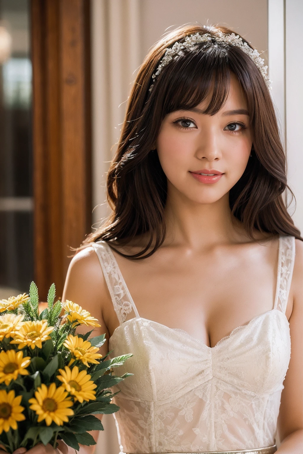 Medium view, medium shot, Depth of bounds written, bust, Upper body, cinematic angle, masterpiece, highest quality, Super detailed, cg, 8k wallpaper, beautiful face, delicate eyes, maiden, alone, smile, bangs, skirt, shirt, have, Crimson dress, bow, petal, bouquet