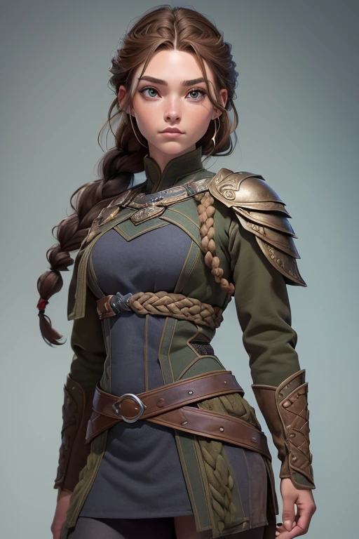 (Obra maestra, La mejor calidad) (young warrior woman of nordic descent), (ojos verdes), (Muscular), (falda de piel), (brown hair color),(loose hair with small braids on the scalp), (top con correa de cuero) plumas, capa sobre el hombro, bufas, (azul, gray and brown suit).