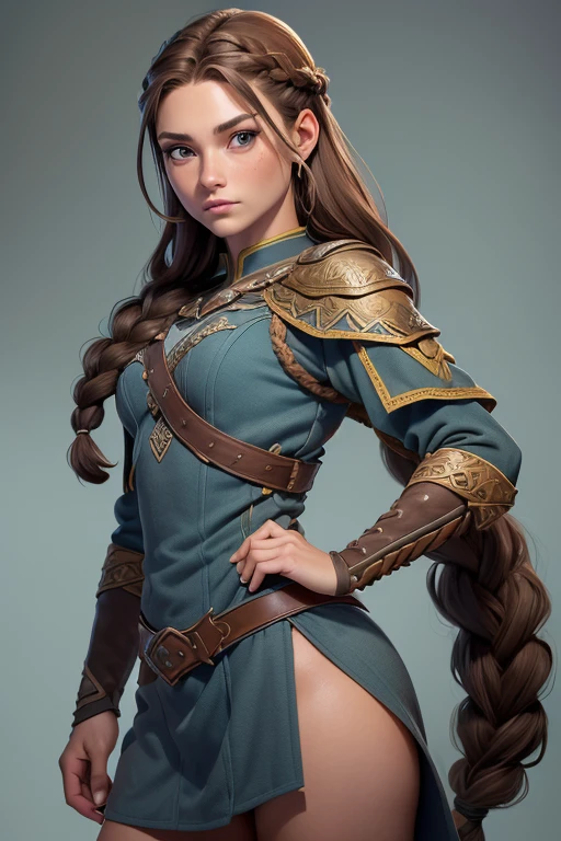 (Obra maestra, La mejor calidad) (young warrior woman of nordic descent), (ojos verdes), (Muscular), (falda de piel), (brown hair color),(loose hair with small braids on the scalp), (top con correa de cuero) plumas, capa sobre el hombro, bufas, (azul, gray and brown suit).