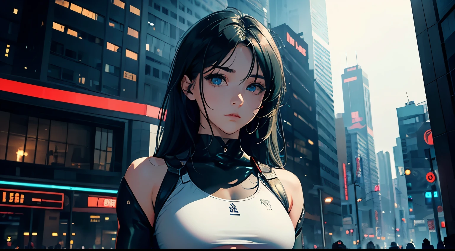 4K, A high resolution, Best quality at best, tmasterpiece, perfect colors, perfect shadow, perfect litthing, ((sportrait)), fit-muscled body, bright green eyes,dark blue hair , blue eyes, With round lenses, The audience watched carefully, (s face: 1.2), Perfect female figure,,standing, ((Tight crop top leather suit)), ((shy and looking at viewert)), (Perfect thick white eyebrows) Delicate fur, 详细s face, s the perfect face, At a cyberpunk city , (model pose standing), energetic background, perfect city skyscape , lighting atmosphere, ((Bonifasko lighting)), (The round lenses on his eyes)(詳細な目), Perfect student
