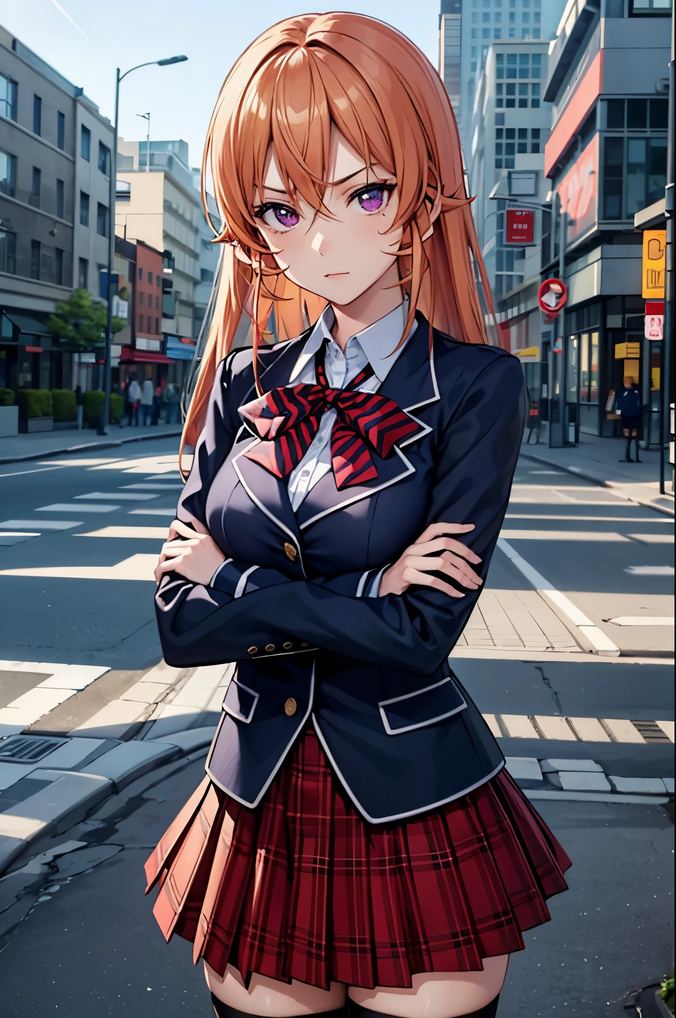 (masterpiece), best quality, expressive eyes, perfect face, highres, 1 girl, solo, erina nakiri, long hair, orange hair, (purple eyes:1.1), hair between eyes, skirt, thighhighs, bow, school uniform, jacket, pleated skirt, shoes, black thighhighs, zettai ryouiki, plaid, plaid skirt, blazer, outdoor backdground, crossed arms, standing, upper body portrait, looking at the viewer