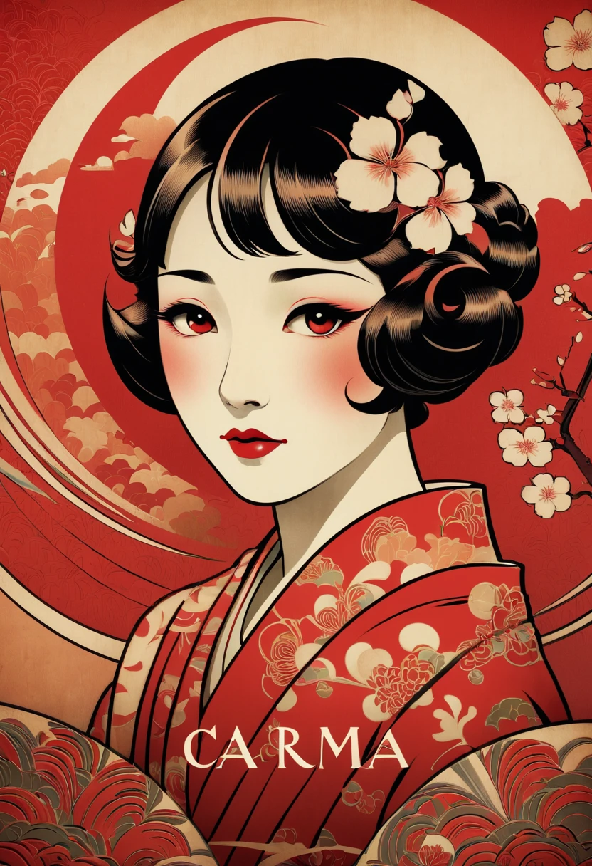 Txt that says, "carma". Japanese art deco, subtle zentangled art deco, cinematic, red