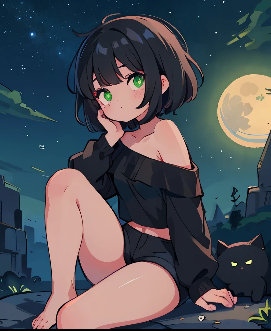 solo, Cute, , (()), Small breasts, big thighs, bare shoulder, ((Black skin)), Black skin, green eyes, black hair, short hair, Cold weather blouse, green cold weather , bare legs, glowing eyes, 4k, starry sky, night, Moon, Incredible eyes, Sitting, Black shorts, short shorts,