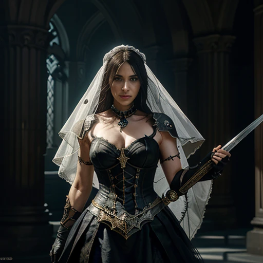 a woman in a white dress with a veil and a sword, concept art inspired by Raymond Swanland, cgsociety contest winner, gothic art, style of raymond swanland, art of wlop, wlop art, gothic fantasy art, beautiful necromancer, art of wlop and greg rutkowski, dark fantasy horror art, horror fantasy art, fantasy horror art