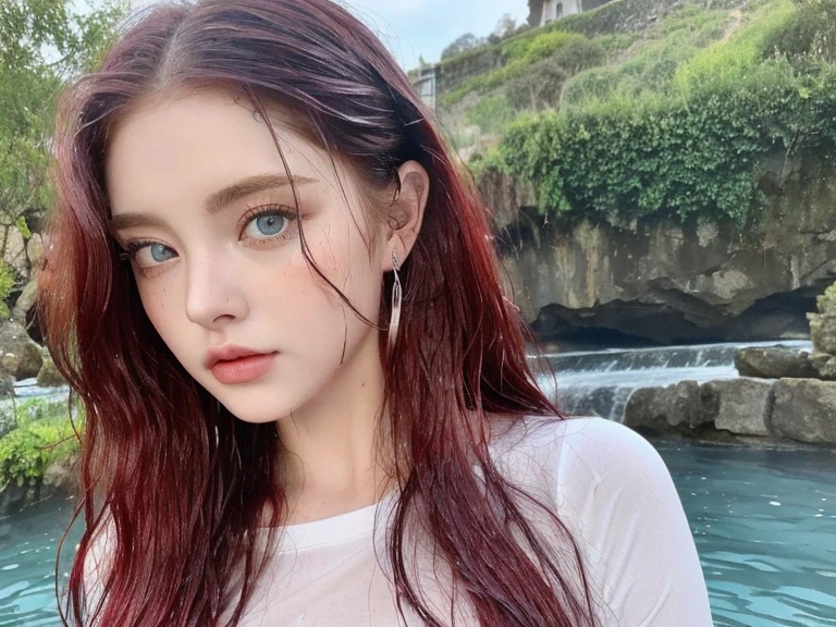 1 miniature Beautiful handsome woman, ((top quality, 8k, masterpiece:1.retty woman, 1woman, huge breasts:1.3, slender figure:1.1, elastic red long hair, (shower, wet body, wet clothes:1.1), very detailed face, detailed lips, detailed eyes, double eyelids, detailed blue eyes, extremely detailed outstanding blue eyes, red wet hair, red wet hair, detailed outstanding BLUE EYES, innocent stare at the viewer, extremely wet wavy red hair, detailed outstanding BLUE EYES, raining outside, huge earrings, Oasis, Waterfall, naked breasts, swimming in water