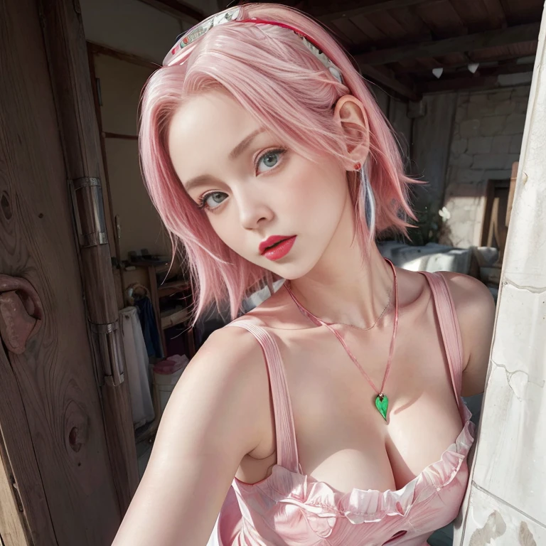 young woman, white skin, long bubblegum pink hair, wide forehead, pink eyebrows, large emerald green eyes, upturned nose, thick red lips, heart-shaped face, white dress, flower pendant necklace, high detail, sharp focus, Sakura Haruno, realistic, realism, 3d