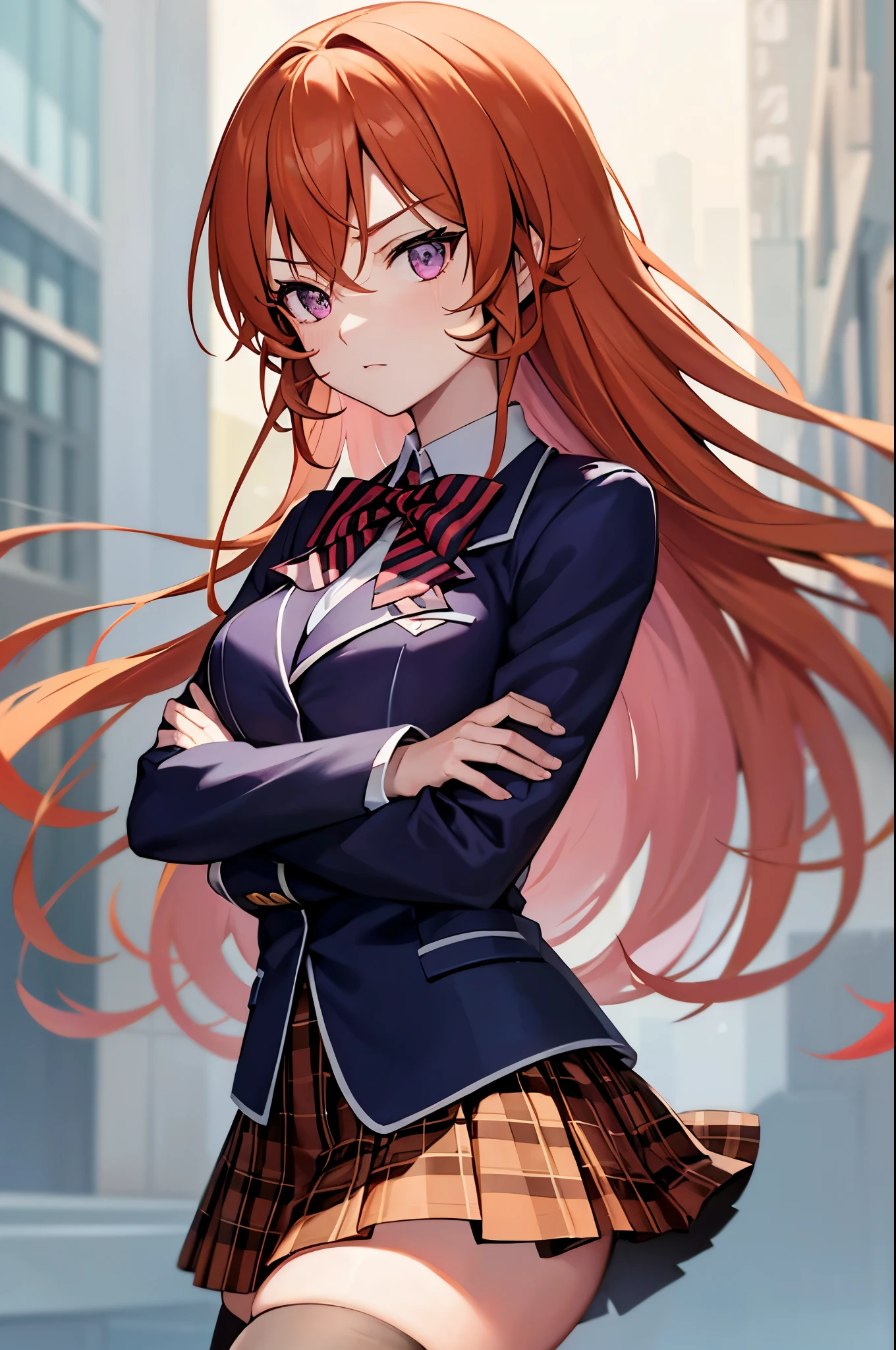 (masterpiece), best quality, expressive eyes, perfect face, highres, 1 girl, solo, erina nakiri, long hair, orange hair, (purple eyes:1.1), hair between eyes, skirt, thighhighs, bow, school uniform, jacket, pleated skirt, shoes, black thighhighs, zettai ryouiki, plaid, plaid skirt, blazer, outdoor backdground, crossed arms, standing, upper body portrait, looking at the viewer