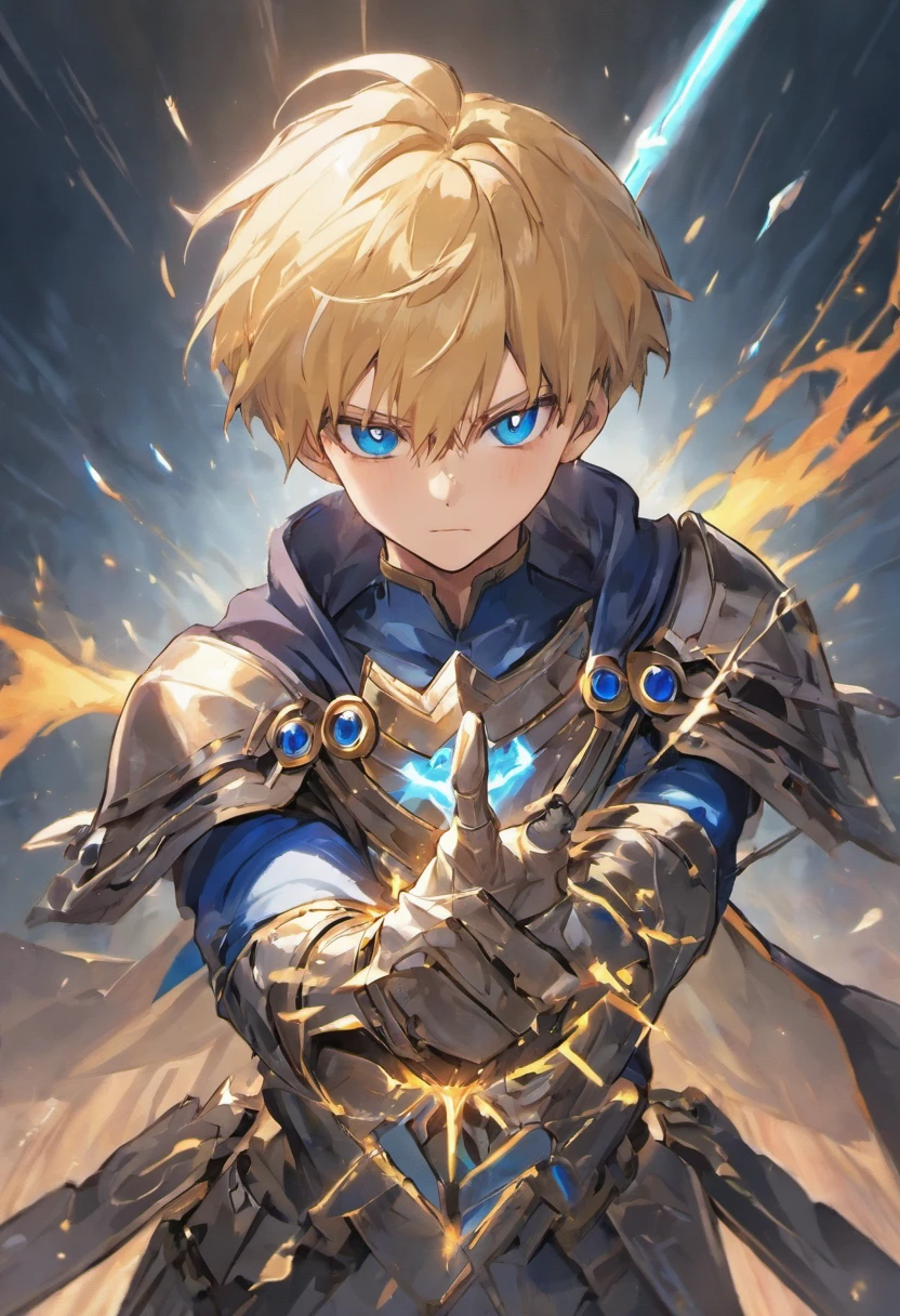 Wallpaper phone，8K quality，Exquisite facial features，exquisite eyes，best quality，full body portrait，anime characters，A 12-year-old boy，handsome boy，Floy Gutierrez holds a blue shiny sword on the hilt, The sword is fixed to the ground in its resting position, Wearing silver armor all over, pair of gloves, The crotch is raised，blonde short hair, Upper body, male face, Cold and violent features, detailed facial features, high quality, masterpiece, blue eyes, Lightning in the background, anime art style