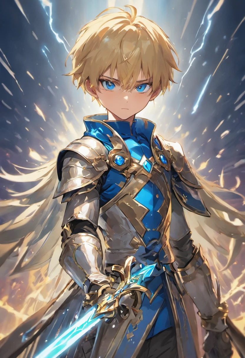 Wallpaper phone，8K quality，Exquisite facial features，exquisite eyes，best quality，full body portrait，anime characters，A 12-year-old boy，handsome boy，Floy Gutierrez holds a blue shiny sword on the hilt, The sword is fixed to the ground in its resting position, Wearing silver armor all over, pair of gloves, The crotch is raised，blonde short hair, Upper body, male face, Cold and violent features, detailed facial features, high quality, masterpiece, blue eyes, Lightning in the background, anime art style