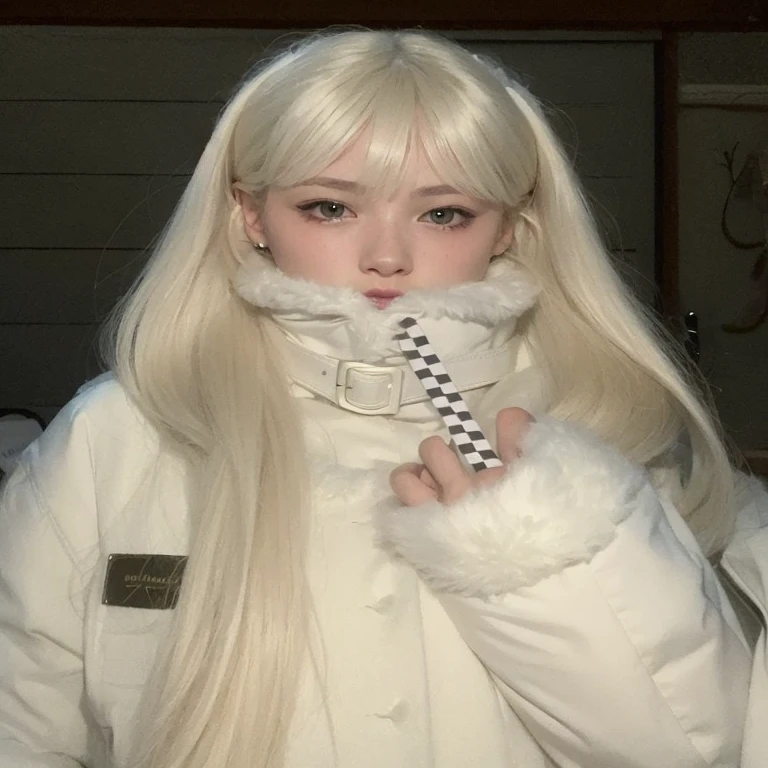 Mujer rubia con un cigarrillo en la boca en la nieve., pale, snow-white skin, cruel korean gothic girl, pale white face, pale gothic beauty, extremely pale white skin, con el pelo largo y blanco, chica anime en la vida real, pelo muy largo color nieve, extremely pale blonde hair, anna nikonova aka newmilky, ulzzang, con pelo largo y blanco