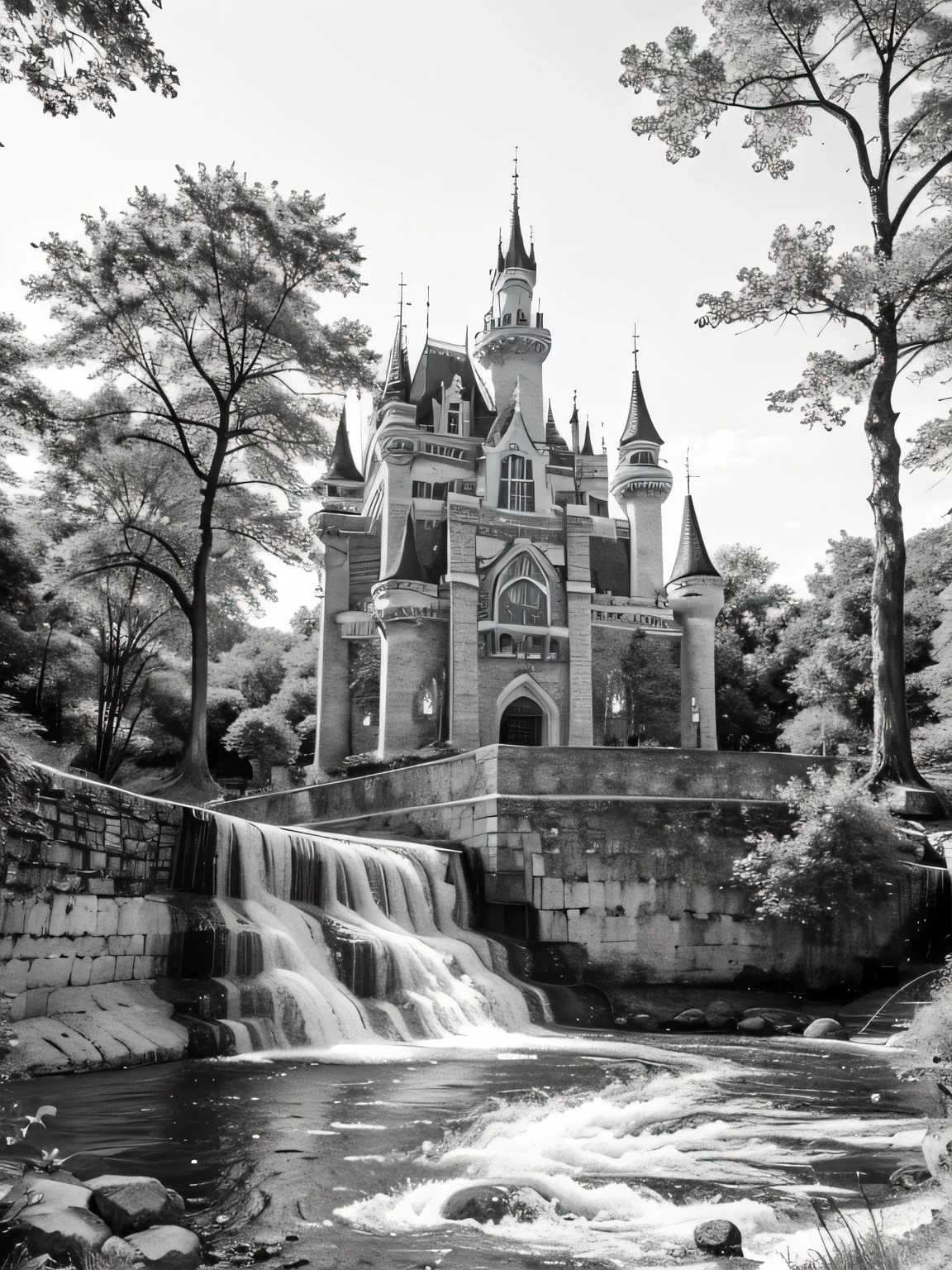 castle, forest, waterfall, deer. line art, coloring page
