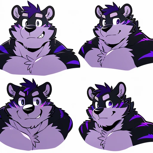 by takemoto arashi, (character expressions sheet, character busts, front view, side view, rear view), (1boy), solo, male anthro, kemono, (lavender bear), short purple Mohawk, white bangs, dark stripes around chest, one dark purple stripe on back, ((brown torso)), (((fat face, bigger head, short ears))), stocky, short stature, chubby, muscle, hunk, sexy, bara, handsome boy, ((big eyes, expressive eyes, simple eyes)), (masterpiece, high res, best quality), 4k, soft skin, warm color