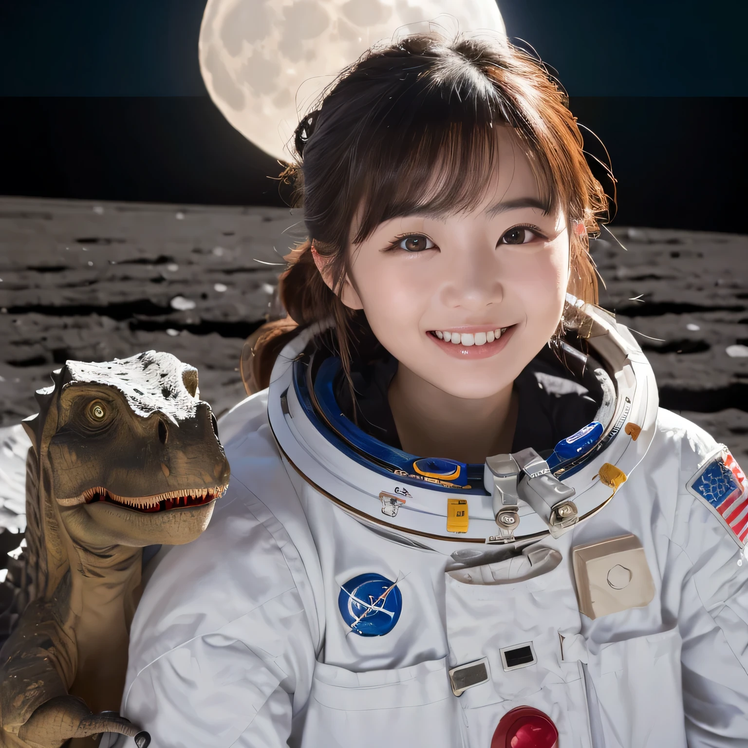 (china Girl and dinosaurs on the moon:1.5) ,(landing on the moon:1.2),(dinosaurs:1.2),original photography,(ultimate beauty portrait、sparkling skin、Smile、bright expression、brown hair、Big eyes sparkling like gems、Harajuku、24 year old beautiful girl),Chinese astronauts ,Very detailed