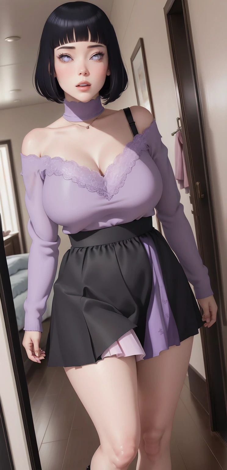 (masterpiece) (huge titusty, masterpiece, absurdres, hinata\(boruto\), 1girl, solo,mature female, off-shoulder bra, high waist short skirt, looking at viewelling petals), perfect composition, detailed lips, big breast, beautiful face, body propotion, blush, (pink lips), short hair, (black hair), purple eyes, soft gaze, super realistic, detailed, photoshoot, realistic face and body, closed mouth, , lilac eyes, full body, lace clothes,  walking on the floor with black shoes
