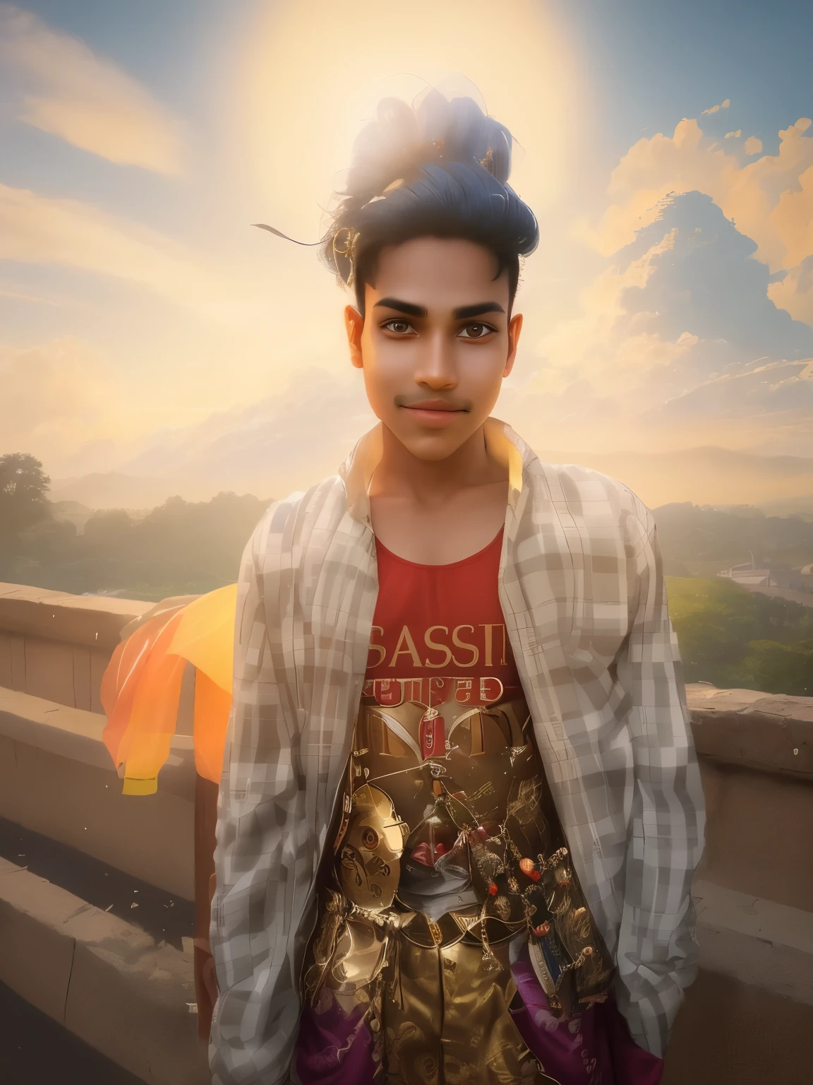 A young Indian boy, dressed in vibrant traditional clothing, appears as if he has jumped out of the whimsical world of Doraemon, a popular Japanese manga series. His eyes gleam with curiosity and his face is adorned with an array of colorful motifs, echoing the rich tapestry of Hindu culture. He stands against a backdrop that seems to fuse the essence of Indian mythology with futuristic elements, blending seamlessly the ancient and the modern. As he gazes into the distance, a mischievous smile dances across his lips, as if he holds the secrets of time travel and limitless imagination.