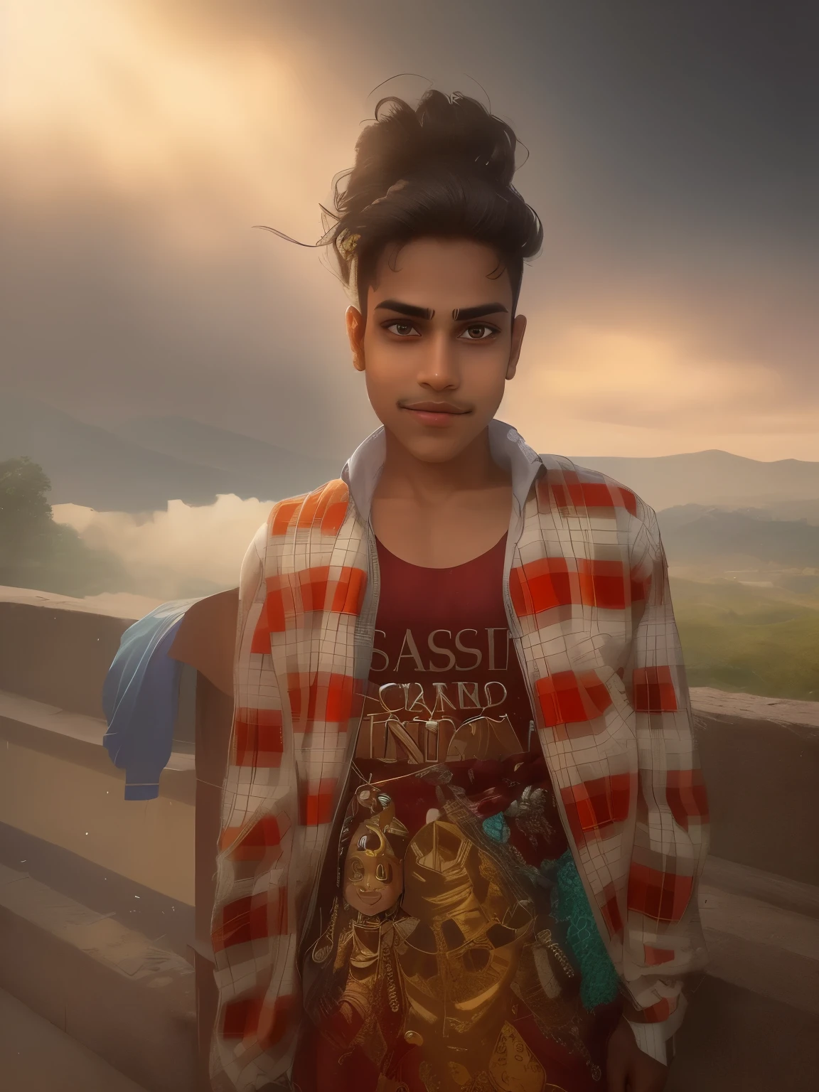 A young Indian boy, dressed in vibrant traditional clothing, appears as if he has jumped out of the whimsical world of Doraemon, a popular Japanese manga series. His eyes gleam with curiosity and his face is adorned with an array of colorful motifs, echoing the rich tapestry of Hindu culture. He stands against a backdrop that seems to fuse the essence of Indian mythology with futuristic elements, blending seamlessly the ancient and the modern. As he gazes into the distance, a mischievous smile dances across his lips, as if he holds the secrets of time travel and limitless imagination.