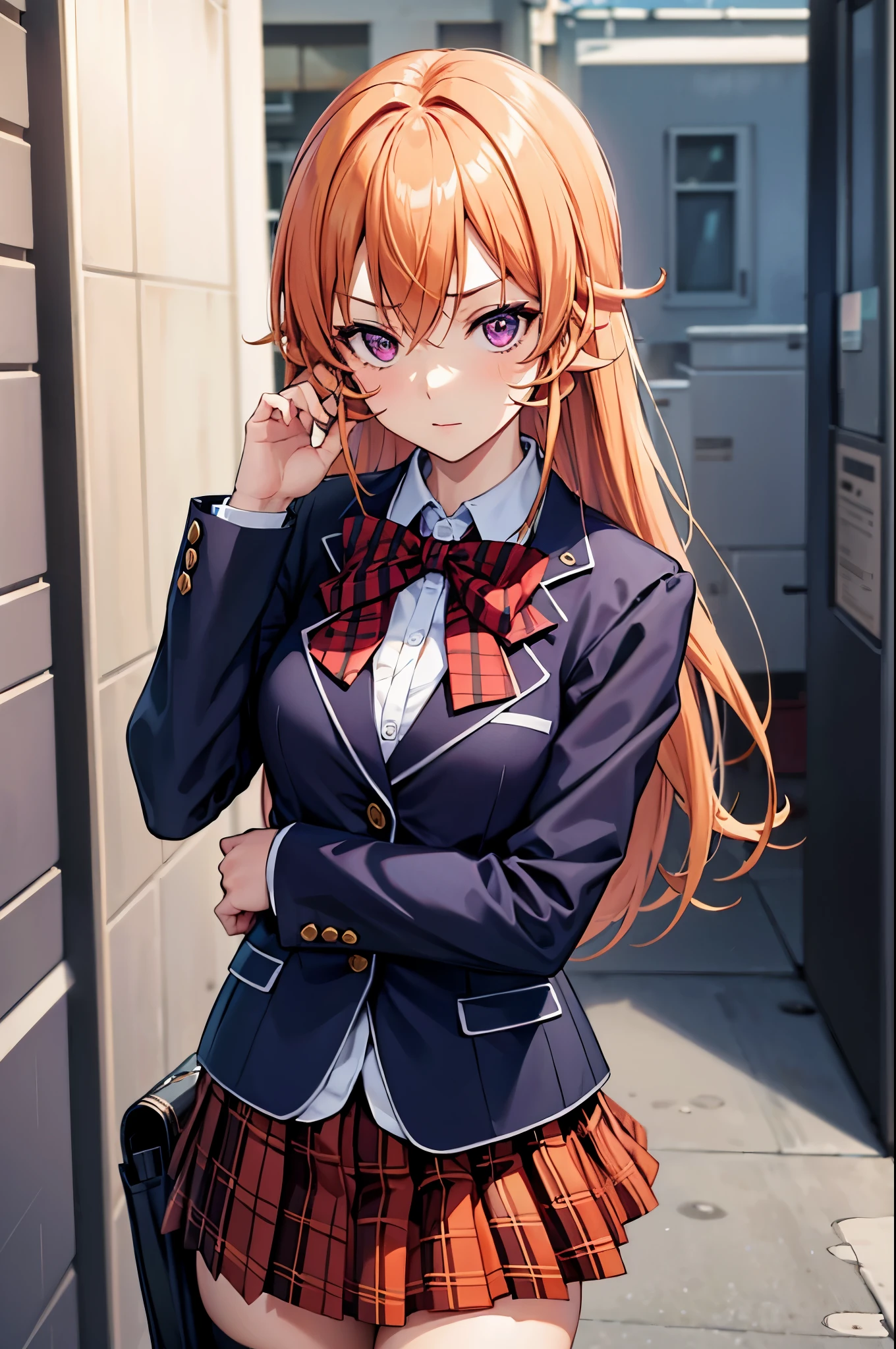 (masterpiece), best quality, expressive eyes, perfect face, highres, 1 girl, solo, erina nakiri, long hair, orange hair, (purple eyes:1.1), hair between eyes, skirt, thighhighs, bow, school uniform, jacket, pleated skirt, shoes, black thighhighs, zettai ryouiki, plaid, plaid skirt, blazer, outdoor backdoor, standing, (upper body portrait:1.2), looking at the viewer